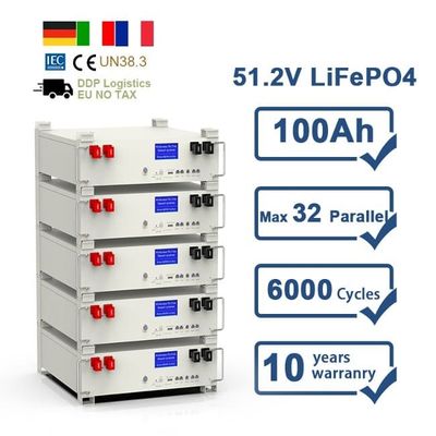 การรับประกัน 10 ปี 51.2V 5Kwh แบตเตอรี่ไอออนลิตยูแบบชาร์จใหม่ 100Ah LiFePO4